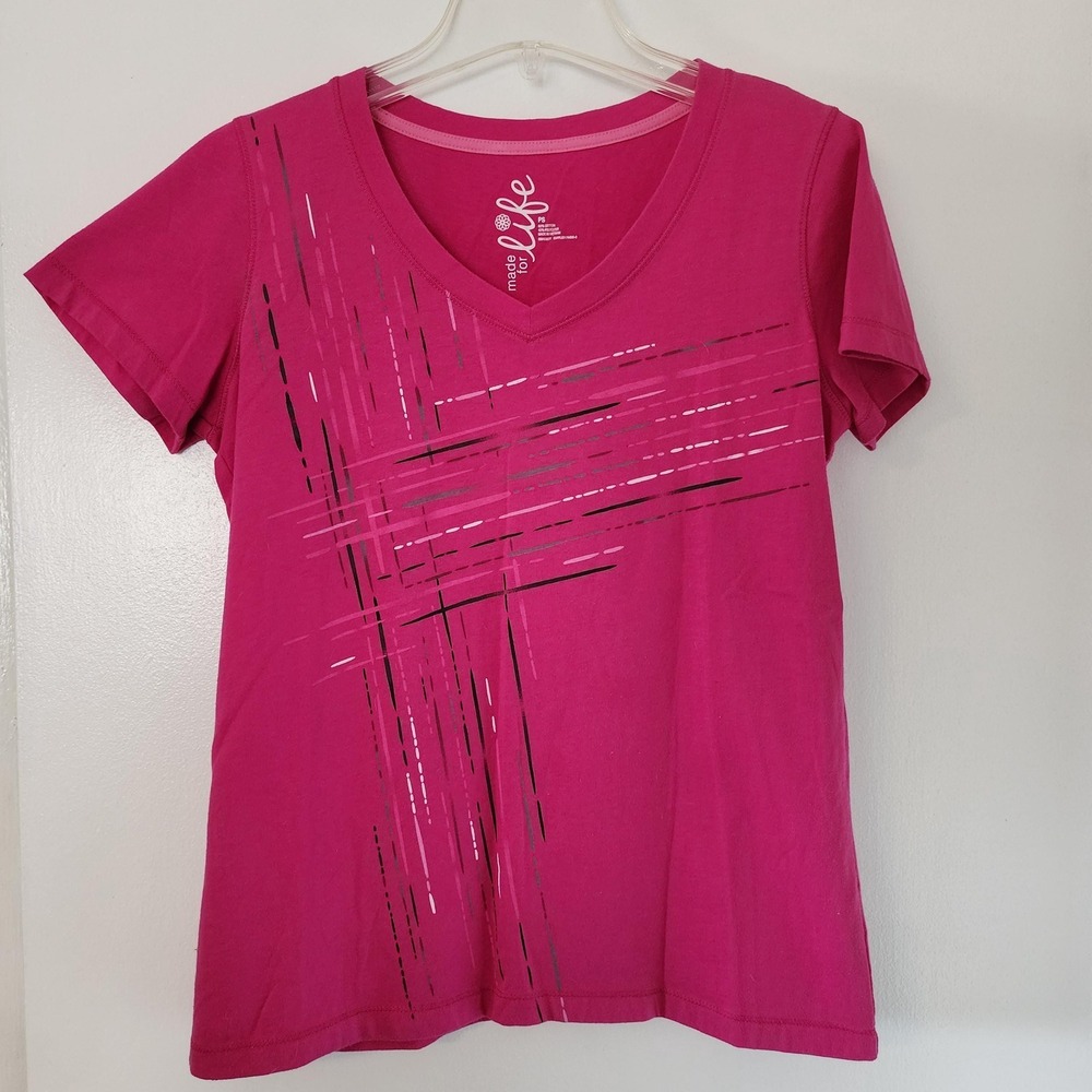 Made for Life Pink Abstract Graphic V-Neck Tee Petite Small PS 760-2512